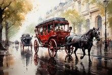 Horse Drawn Carriage In Paris, France. Digital Watercolor Painting