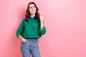 Poster - Photo of pretty dreamy lady wear green shirt looking pointing thumb empty space isolated pink color background