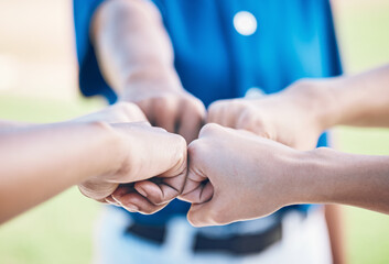 Sticker - Sports fist bump, hands together and baseball team building, teamwork motivation or celebrate competition success. Closeup player, softball group and people collaboration, partnership and solidarity