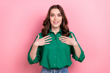 Sticker - Photo of impressed funky lady wear green shirt arms chest smiling isolated pink color background