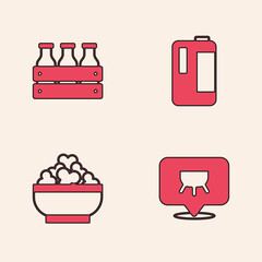 Poster - Set Udder, Bottled milk in wooden box, Milk plastic bottle and Cottage cheese icon. Vector