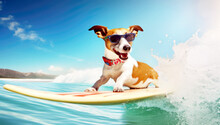 Jack Russell Dog Surfing On A Wave , On Ocean Sea On Summer Vacation Holidays, With Cool Sunglasses And Flower Chain. Generated With AI