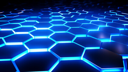 hexagon pattern of solid metal wall background black color with blue light trendy neon. Generated with AI