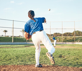 Poster - Baseball, pitching and a sports person outdoor on a pitch for performance or competition. Behind professional athlete or softball player with fitness, ball and throw for game, training or exercise