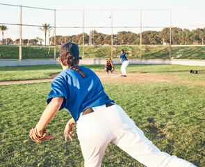 Canvas Print - Pitching, baseball and a sports person outdoor on a pitch for performance or competition. Behind professional athlete or softball player for throw, fitness and team for a game, training or exercise