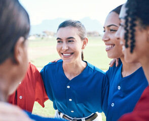 Wall Mural - Sports team, baseball or friends in huddle for fitness, competition or game. Teamwork, happy and group of women on a softball field for planning, training and communication or funny conversation