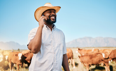 Aufkleber - Happy black man, phone call and animals in countryside for farming, communication or networking. African male person smile and talking on mobile smartphone for conversation or discussion at the farm