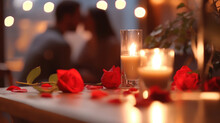Blur Of Couple At A Candle Light Dinner Date With Red Roses