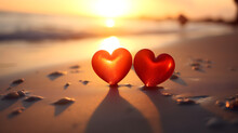 Two Red Hearts Standing On Beach At Sunset