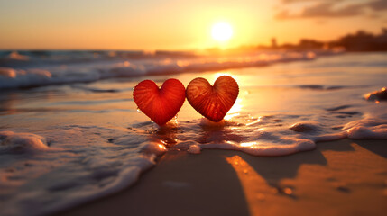 Two red hearts standing on beach at sunset