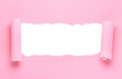 Pink torn paper or cardboard message backdrop with rough edges and blank copy space for text, png template on transparent background 
