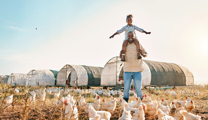 Wall Mural - Chicken, farming and family with fun outdoor for sustainability growth and agriculture. Dad, child and working together on farm field and countryside with support and care for animal livestock