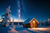 Fototapeta Natura - A captivating winter landscape unfolds under the celestial canvas of Kiruna Lapland