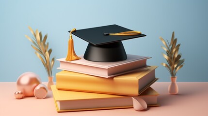 Book with graduation hat on pastel background. 3d style illustration