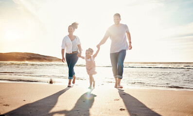 Poster - Family, beach and holding hands, parents and kid with travel and bonding, love and walking together in nature. Vacation, ocean and happy people outdoor, parents and child with sun and adventure