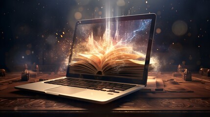 Laptop as book of knowledge base concept. E-learning and homeschooling concept.
