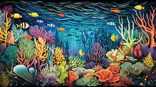 Underwater World Scene With Colorful Coral Reef. Under The sea background. Marine Life Landscape. Ocean Water world. AI Illustration..
