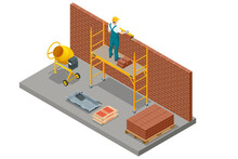 Isometric Construction Of A Brick House. House Under Construction. Construction Site With A House Built From Brick, Featuring Brickwork And Scaffolding
