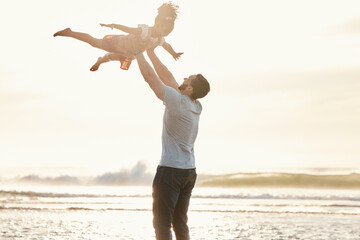 Sticker - Beach, fly and father with girl, sunset and vacation with quality time, bonding and getaway trip. Male parent, kid and female child with seaside holiday, airplane and playing with fun and adventure