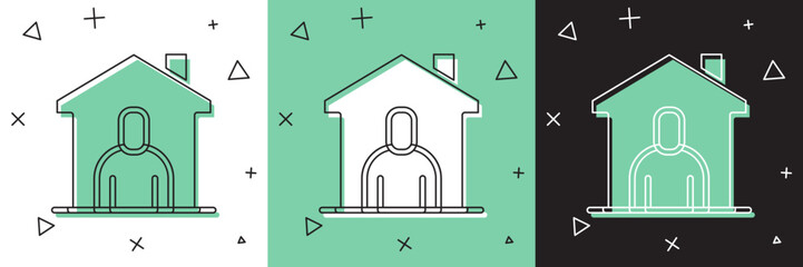 Poster - Set Shelter for homeless icon isolated on white and green, black background. Emergency housing, temporary residence for people, bums and beggars without home. Vector