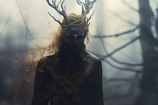 Mysterious creature in a forest. A fantasy-themed image with an eerie and dark atmosphere.