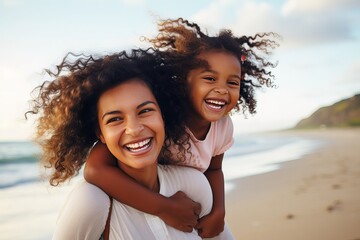 Love and parenthood concept. Mother and daughter having fun on the beach - Portrait of happy woman giving a piggyback ride to cute little girl.