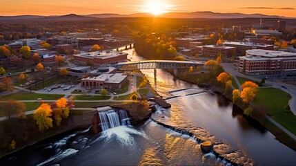 Wall Mural - Aerial View of Lynchburg Virginia: Stunning City Landscape with Landmarks Lit by the Rising Sun and Backdropped by Beautiful Sky. Generative AI