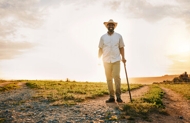 Poster - Environment, nature and portrait of man on farm for sustainability, agriculture and ecology. Happy, peace and sunset with farmer on countryside field for summer, health and calm with mockup space