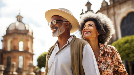 Portrait of senior couple tourists outdoors in historic town. AI Generated.