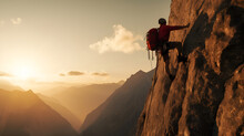 climber with heavy backpack climbs steep rock at sunrise in mountains, AI generated