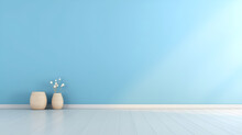 Soft Blue Wall With White Floor And Two Small White Flower Pots On The Floor, AI Generated