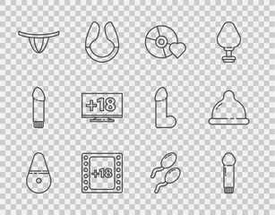 Wall Mural - Set line Dildo vibrator, Adult label on compact disc, Play Video with 18 plus content, Woman panties, Monitor, Sperm and Condom icon. Vector