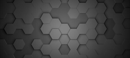 Wall Mural - Hexagonal background with metallic gray black hexagons, abstract futuristic geometric backdrop or wallpaper with copy space for text