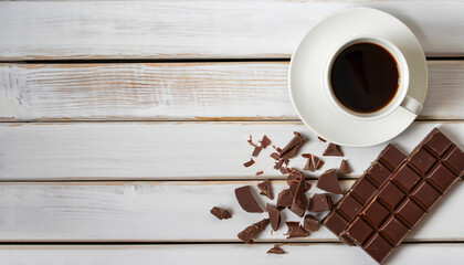 Wall Mural - Cup of coffee with chocolate on wooden table from white boards. Top view, flat lay with copy space.