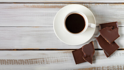 Wall Mural - Cup of coffee with chocolate on wooden table from white boards. Top view, flat lay with copy space.