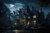 Fototapeta Nowy Jork - Scary haunted house at night with full moon. Halloween concept.