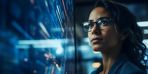 business woman in a technology-driven environment, Capture her using digital devices, coding, or working with innovative technologies
