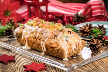 Wall Mural - Traditional Christmas cake with candied fruit, raisins and fruits.