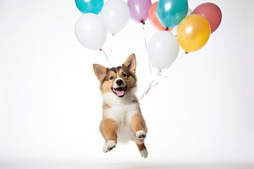 Wall Mural - Festive poster mockup with corgi dog flying with balloons on white background. Free space for product placement or promotional text.