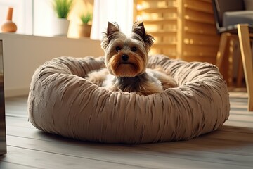 Wall Mural - Yorkshire terrier dog lies in a pet bed in the apartment.