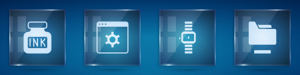 Poster - Set Inkwell, Browser setting, Wrist watch and Document folder. Square glass panels. Vector