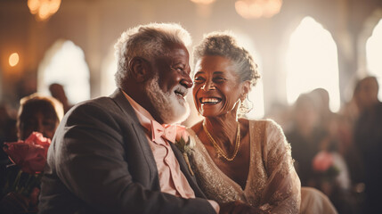 Wall Mural - Senior afro american man and woman getting married, senior bride and groom, mature couple