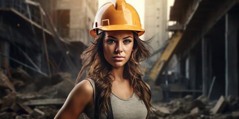 Beautiful young woman wearing a protective construction helmet in the background of a construction site. Creative wallpaper with woman builder.