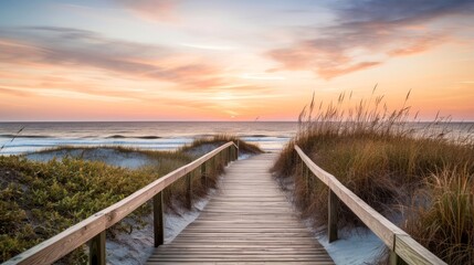 empty wooden walkway on the ocean coast in the sunset time, pathway to beach, generative ai illustra