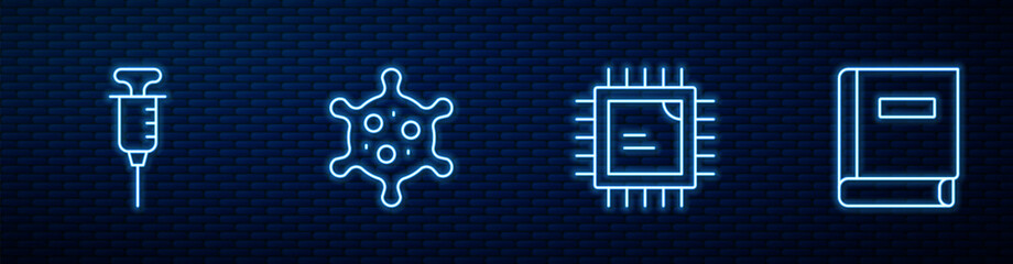 Poster - Set line Processor CPU, Syringe, Virus and Science book. Glowing neon icon on brick wall. Vector