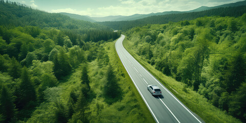 Wall Mural - Bird eye top view of single car driving on long highway road from green forest. 