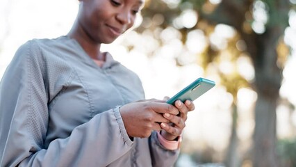 Poster - Fitness, outdoor and black woman with a smartphone, typing and connection for social media, sms and email. Person, girl or athlete in a park, cellphone or mobile app for progress tracker and training