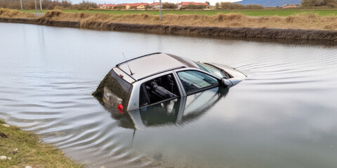 Canvas Print - Car sinking into the river - Generative AI