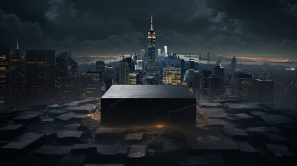 Wall Mural - Empty black stone podium on the background of a beautiful blurry city skyline at night, mock up