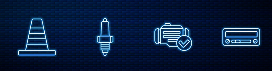 Wall Mural - Set line Check engine, Traffic cone, Car spark plug and audio. Glowing neon icon on brick wall. Vector